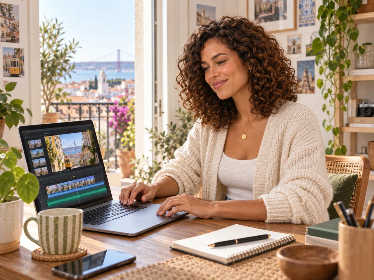 Creator Nora Ellis editing her Lisbon travel video at a realistically arranged desk, with the complete laptop, trackpad and notebook in view