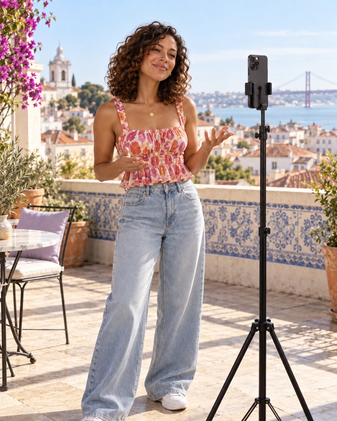 Creator Nora Ellis recording an outdoor video in Lisbon with a smartphone secured to a tripod