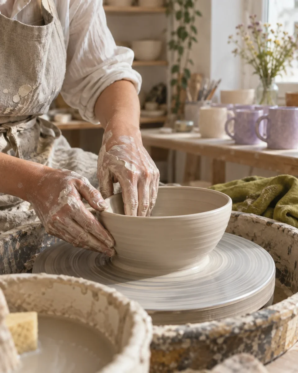 Hands shaping clay in the fictional Sunday Clay ceramics studio